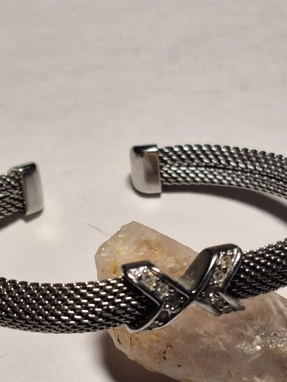 Skagen Silver Tone Woven Mesh Cuff Bracelet Cross/X Centerpiece Rhinestones